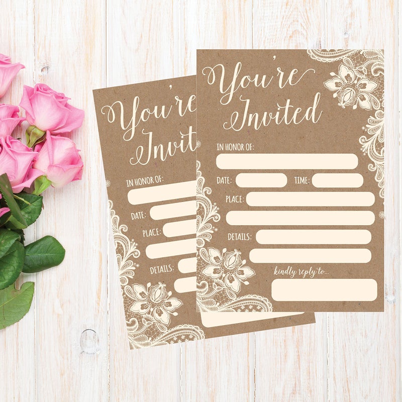Hadley Designs 50 Fill in Invitations, Burlap and Lace, Kraft, Wedding, Bridal Shower Invitations, Rehearsal Dinner, Invites, Baby Shower Invite, Bachelorette Party Invites, Engagement, Graduation - Image 2